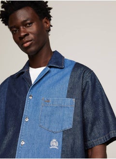TOMMY HILFIGER Men's Crest Colour-Blocked Short Sleeve Denim Shirt -  Rigid denim, Blue  - Image 3