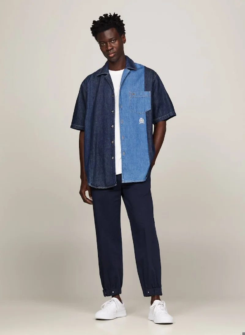 TOMMY HILFIGER Colour-Blocked Short Sleeve Denim Shirt