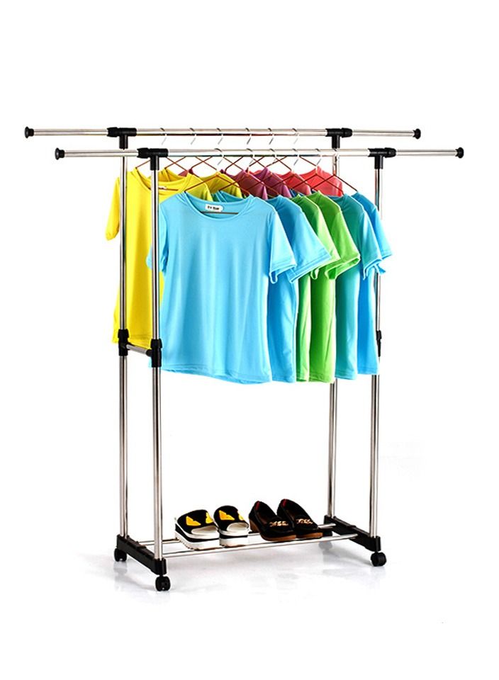 DOUBLE POLE Large Double Pole Clothes Hanger, Garment Drying Rack with Rolling wheels, Adjustable Bars Stainless Steel Poles, Silver - Image 3