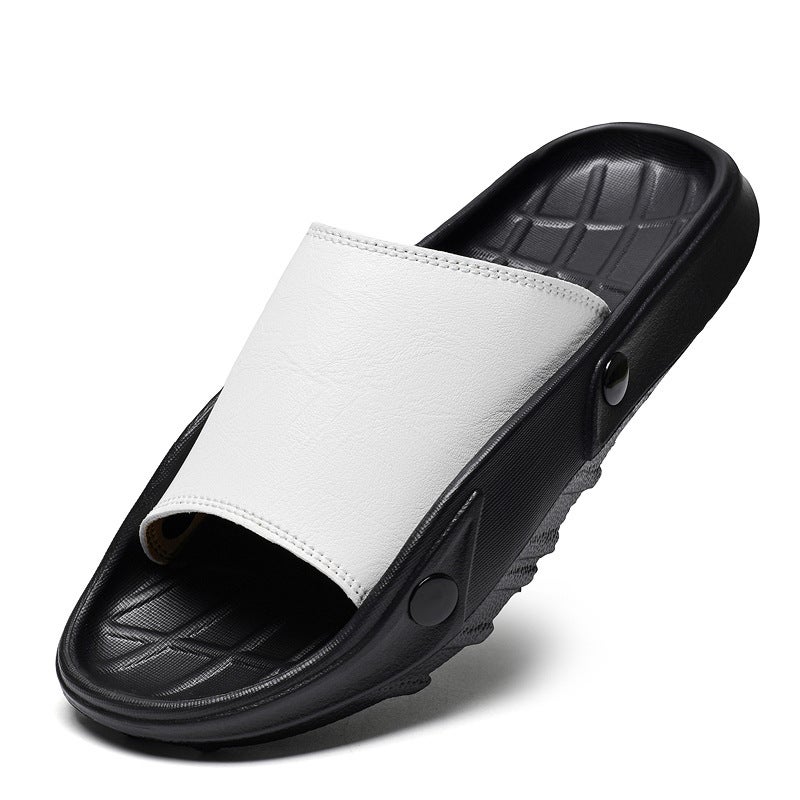 Cowhide Slippers For Men One-Line Leather Sandals For Boys Summer Outer Wear Trendy Casual Beach Shoes - Image 1