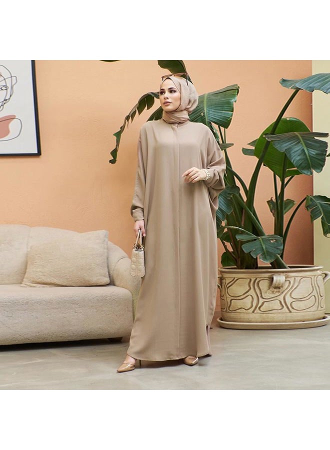 ODASDO Muslim Dresses for Women Abaya Button Down Henley Shirt Prayer Dress Batwing Long Sleeve Middle East Arabian Robe Dubai Islamic Ladies Conservative Floor Length Kaftan for Ramadan Party Khaki One Size - Image 4