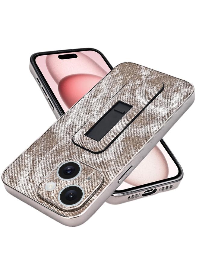 اس-توب جراب لهاتف iPhone 15 Plus بنمط الدنيم مطلي كهربائيًا مع دعامة تبريد قابلة للسحب - Image 1