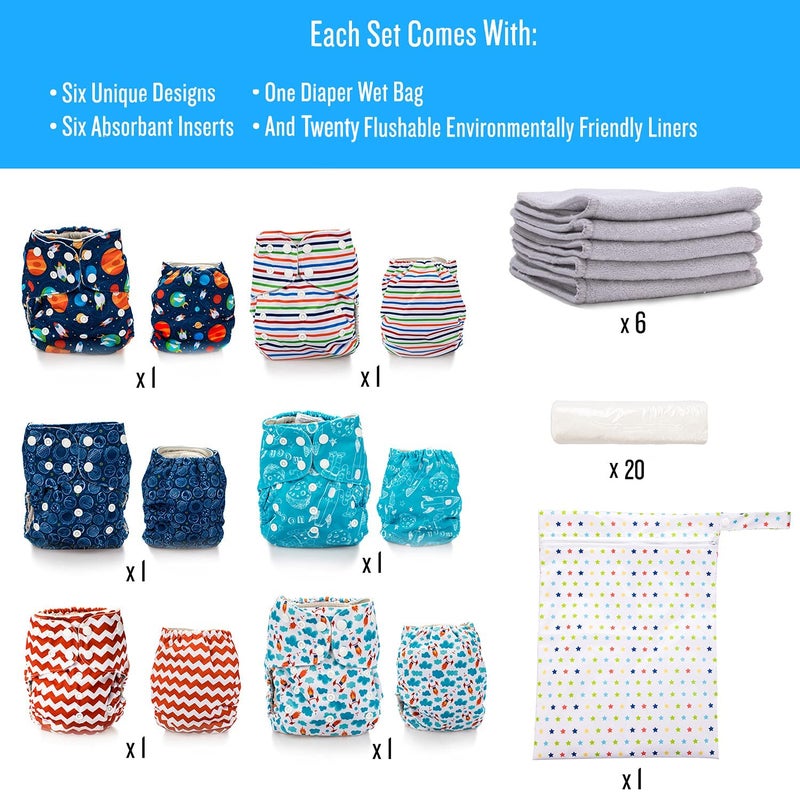 Simple Being Reusable Cloth Diapers, Double Gusset, One Size Adjustable, Washable Soft Absorbent, Waterproof Cover, Eco-Friendly Unisex Baby Girl Boy, six 4-Layers Microfiber Inserts (Space) - Image 3