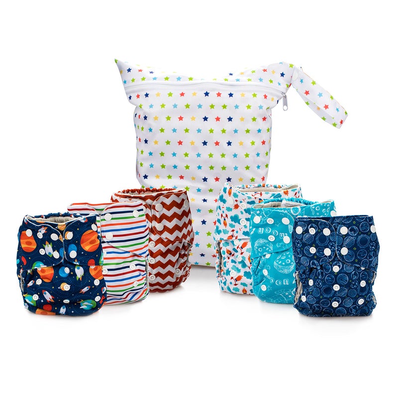 Simple Being Reusable Cloth Diapers, Double Gusset, One Size Adjustable, Washable Soft Absorbent, Waterproof Cover, Eco-Friendly Unisex Baby Girl Boy, six 4-Layers Microfiber Inserts (Space) - Image 1