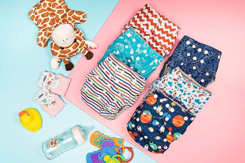 Simple Being Reusable Cloth Diapers, Double Gusset, One Size Adjustable, Washable Soft Absorbent, Waterproof Cover, Eco-Friendly Unisex Baby Girl Boy, six 4-Layers Microfiber Inserts (Space) - Image 2