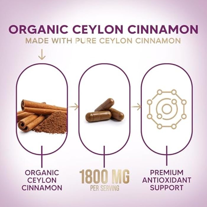 Nature's Choice Organic Ceylon Cinnamon 1800mg Per Serving - Extra Strength Certified Organic Ceylon Cinnamon Powder Pills Supplement - Energy & Heart Support Antioxidant for Women & Men - Bottled USA - 120 Capsules - Image 3