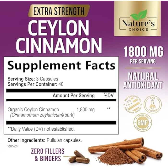Nature's Choice Organic Ceylon Cinnamon 1800mg Per Serving - Extra Strength Certified Organic Ceylon Cinnamon Powder Pills Supplement - Energy & Heart Support Antioxidant for Women & Men - Bottled USA - 120 Capsules - Image 2