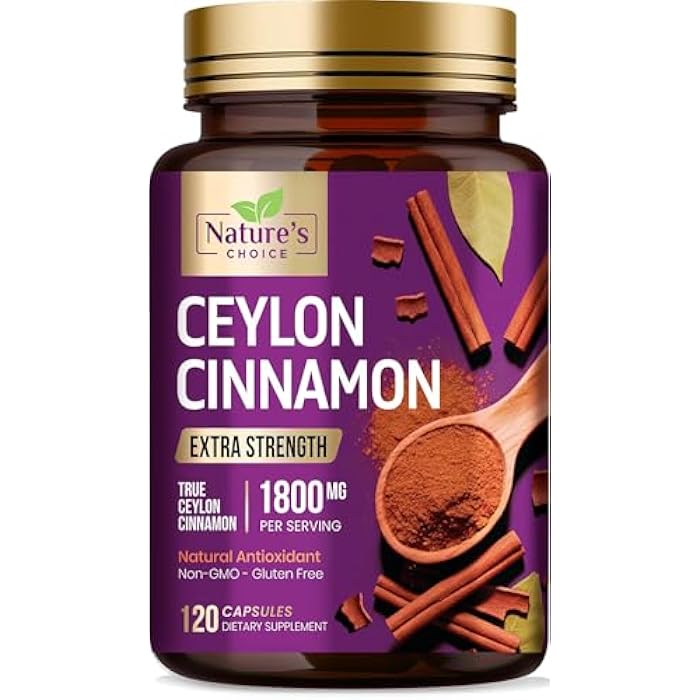 Nature's Choice Organic Ceylon Cinnamon 1800mg Per Serving - Extra Strength Certified Organic Ceylon Cinnamon Powder Pills Supplement - Energy & Heart Support Antioxidant for Women & Men - Bottled USA - 120 Capsules - Image 1
