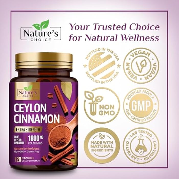 Nature's Choice Organic Ceylon Cinnamon 1800mg Per Serving - Extra Strength Certified Organic Ceylon Cinnamon Powder Pills Supplement - Energy & Heart Support Antioxidant for Women & Men - Bottled USA - 120 Capsules - Image 4