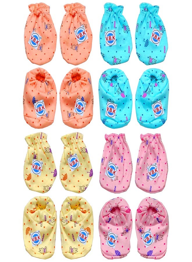 V.B.K® Baby Boys and Baby Girls Mittens Booties Combo Set With 4 Pair Of Hand Mittens and 4 Pair Of Leg Booties, Pure Hosiery Soft Fabric, 0 to 6 Months - Image 1