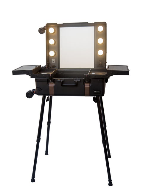 Makeup Train Stand Case With Pro Studio Artist Trolley And Lights large size, Black with Brown Medium