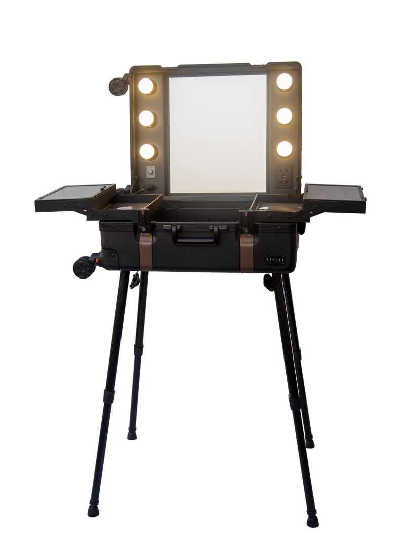 Makeup Train Stand Case With Pro Studio Artist Trolley And Lights large size, Black with Brown Medium
