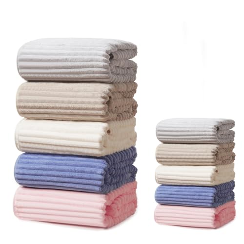 ysowyne 10 PCS Rainbow Coral Fleece Towels Set 5 (60×40in + 30×13in) - Super Absorbent,Extra Large Size, Cost-Effective(Milk White, Deep Blue, Coffee, Pink, Gray) - Image 1