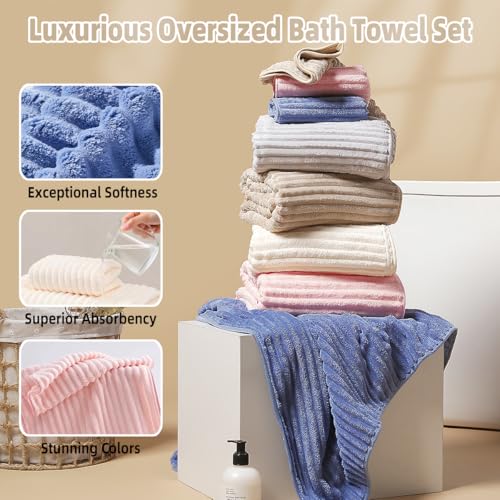 ysowyne 10 PCS Rainbow Coral Fleece Towels Set 5 (60×40in + 30×13in) - Super Absorbent,Extra Large Size, Cost-Effective(Milk White, Deep Blue, Coffee, Pink, Gray) - Image 3