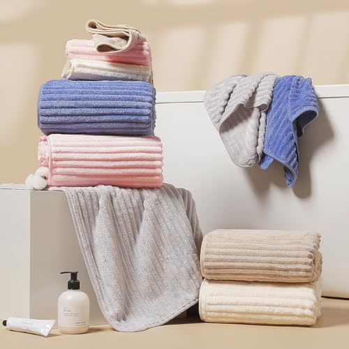 ysowyne 10 PCS Rainbow Coral Fleece Towels Set 5 (60×40in + 30×13in) - Super Absorbent,Extra Large Size, Cost-Effective(Milk White, Deep Blue, Coffee, Pink, Gray) - Image 2