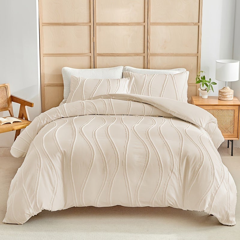 Washable Duvet Cover Set 2/3pcs Set, 1 Duvet Cover + 1/2 Pillowcases, 110g/m² Polyester Material, 3D Irregular Stereo Double Stripe Design, Simple Yet Luxurious, Soft and Comfortable, All-Season Bedding Duvet Cover Set, with Zipper and Corner Ties - Image 3