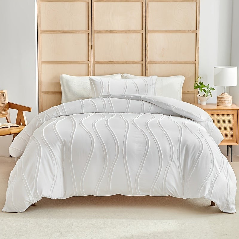 Washable Duvet Cover Set 2/3pcs Set, 1 Duvet Cover + 1/2 Pillowcases, 110g/m² Polyester Material, 3D Irregular Stereo Double Stripe Design, Simple Yet Luxurious, Soft and Comfortable, All-Season Bedding Duvet Cover Set, with Zipper and Corner Ties - Image 1