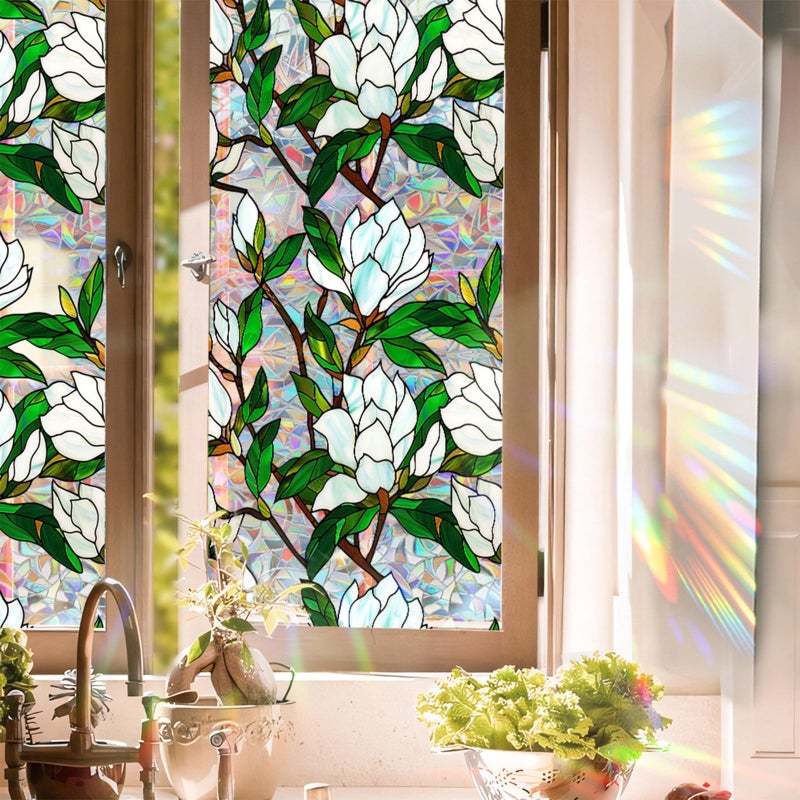 Aomkmi Stained Glass Window Film UV Resistant Window Privacy Film White Floral Privacy Rainbow Decals Living Room Bedroom Sun Blocking Decor Removable Static Cling Stickers 17 x 78.74 Inch - Image 1