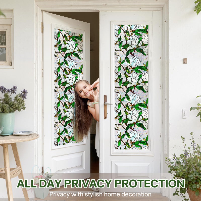 Aomkmi Stained Glass Window Film UV Resistant Window Privacy Film White Floral Privacy Rainbow Decals Living Room Bedroom Sun Blocking Decor Removable Static Cling Stickers 17 x 78.74 Inch - Image 3