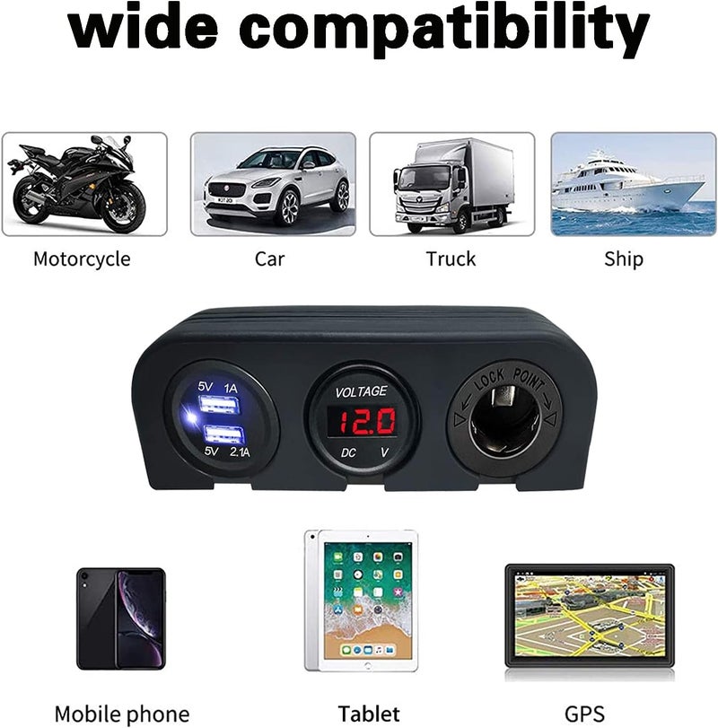 jamgoer 3 in 1 Multi-Functions Outlet Panel with Dual USB Car Charger Ports +Power Adaptor Socket +LED Voltmeter Combination 12V 24V Tent Type Panel for Marine Boat RV Truck…… - Image 3