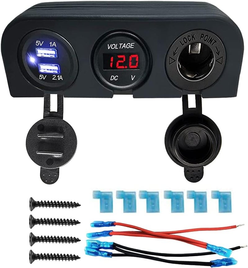 jamgoer 3 in 1 Multi-Functions Outlet Panel with Dual USB Car Charger Ports +Power Adaptor Socket +LED Voltmeter Combination 12V 24V Tent Type Panel for Marine Boat RV Truck…… - Image 1