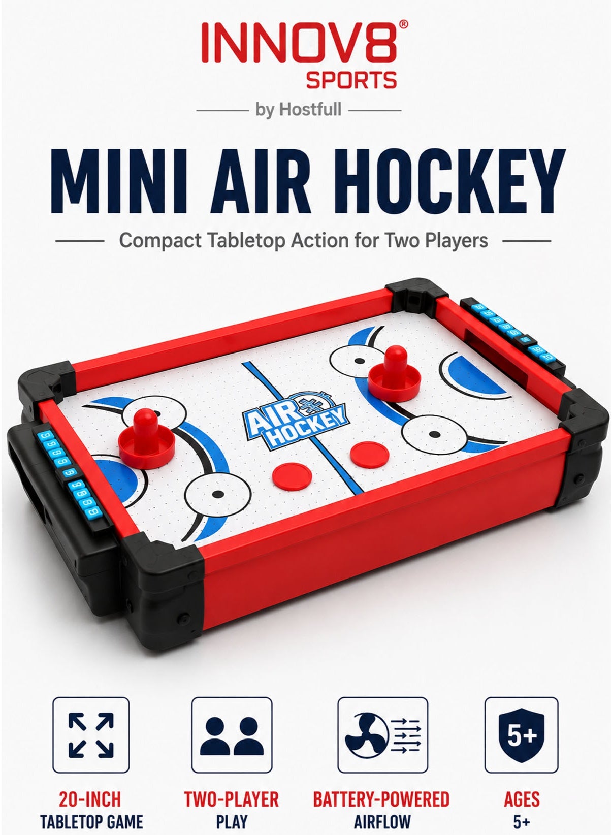 INNOV8 Sports by Hostfull Mini Air Hockey Table for Kids, Approx. 20-Inch Battery-Powered Tabletop Game with Airflow, 2 Manual Score Counters, End Puck Return, 2 Pushers and 2 Pucks, Indoor Two-Player