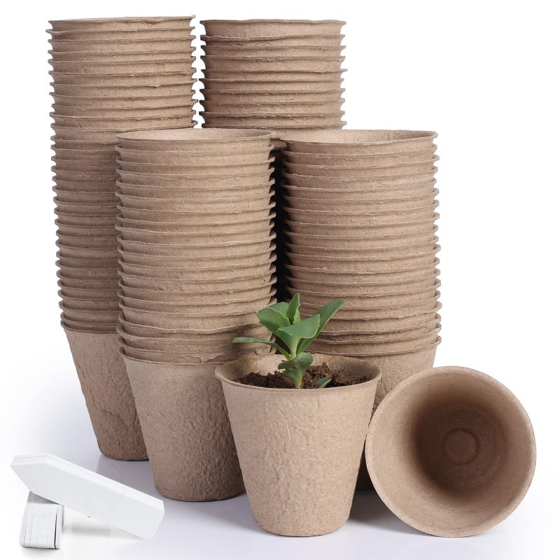 JERIA 100-Pack 3.15 Inch Peat Pots for Seedling with 100 Pcs Plant Labels,Outdoor Garden Germination Nursery Pots,Biodegradable Seed Starter Pots Kits - Image 1