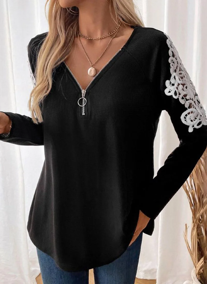 YUNIQEE Black V-Neck Long Sleeves Embroidered Top