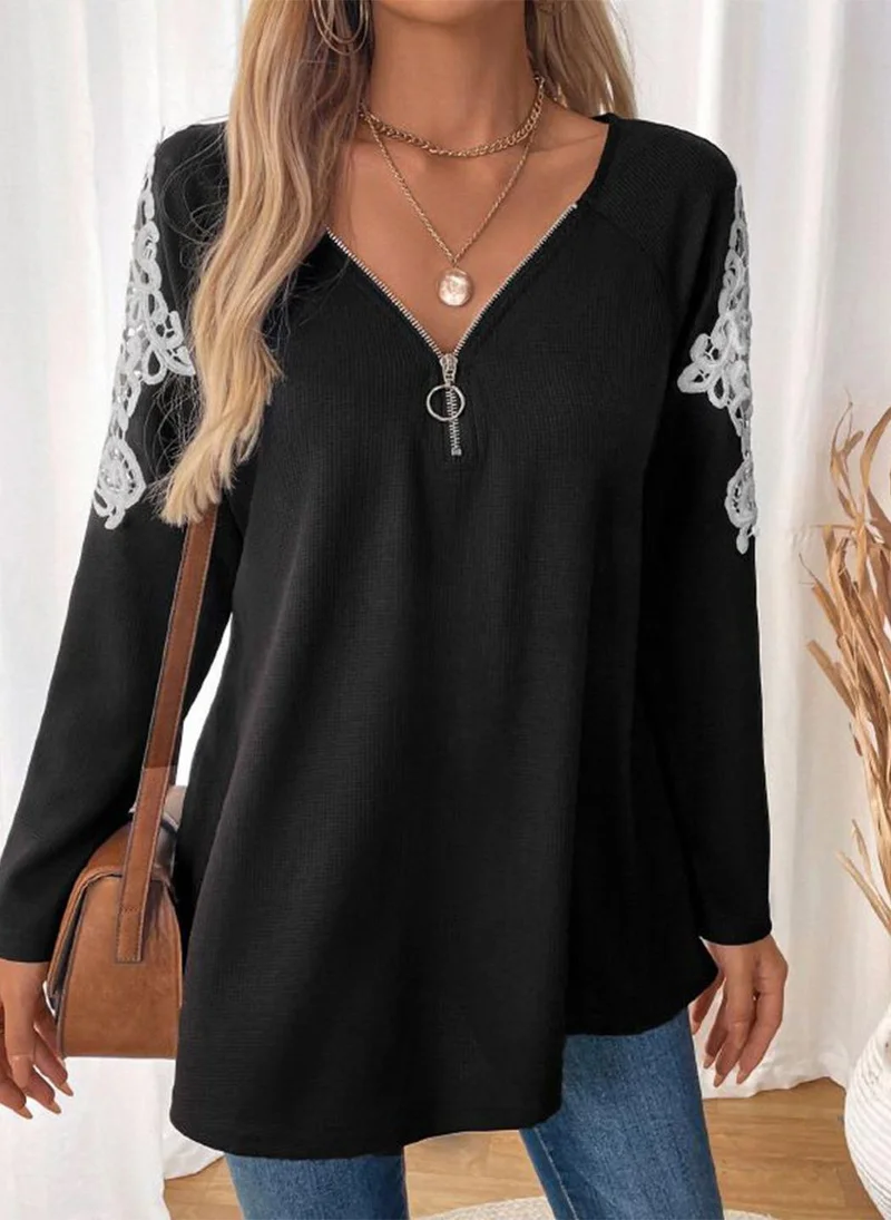YUNIQEE Black V-Neck Long Sleeves Embroidered Top