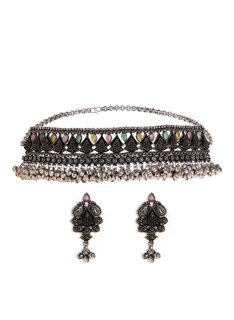 برياسي Kundan Stone Studded Oxidized Brass Necklace and Earrings