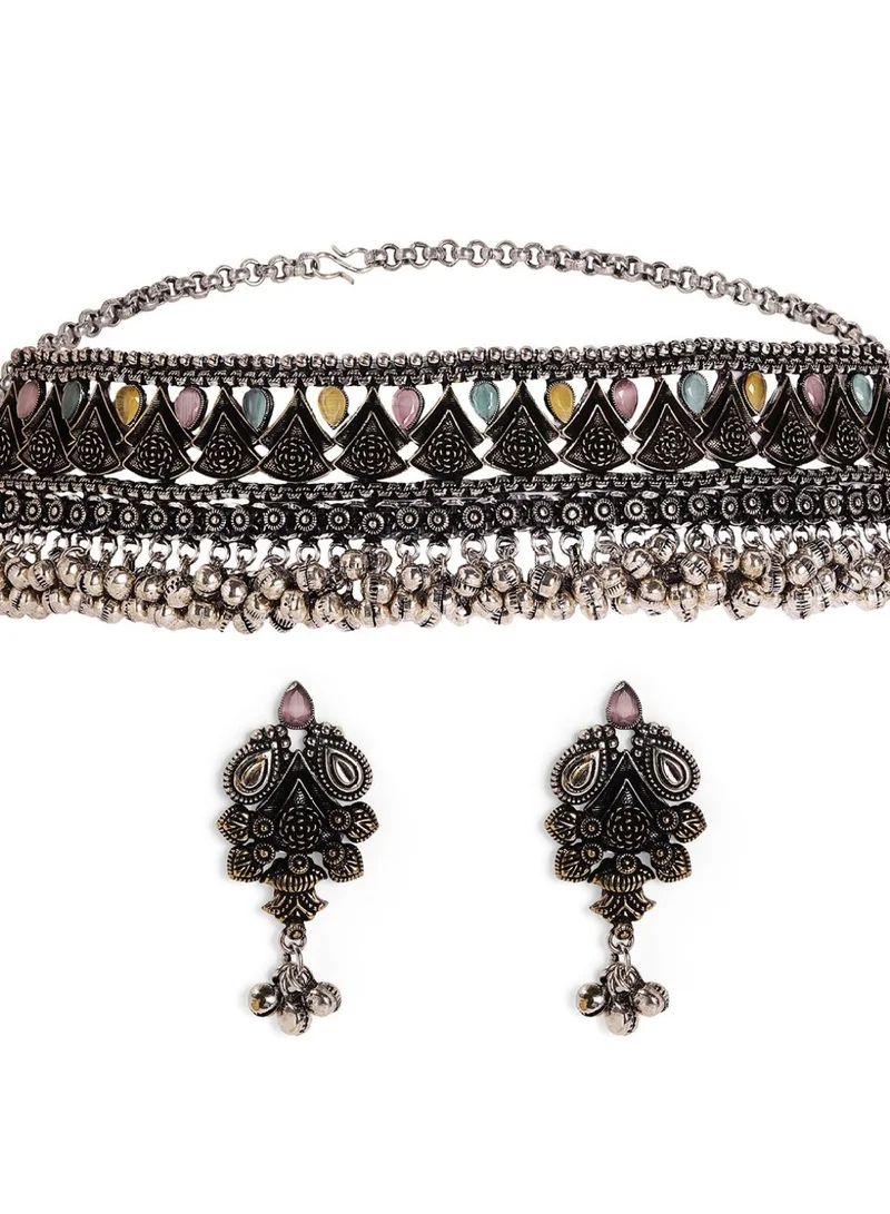 Priyaasi Kundan Stone Studded Oxidized Brass Necklace and Earrings