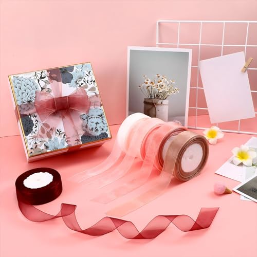 Shappy 6 Rolls Organza Ribbon Sheer Chiffon Ribbon Bulk for Wrapping Decorating Valentine Wedding Birthday Bouquet Garland(25 Yard Each Roll,Dusty Rose) - Image 5