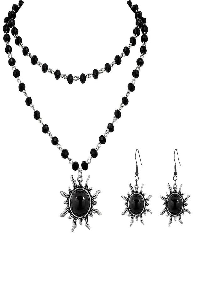 Gothic Layered Necklace Earrings Set Vintage Sun Cross Moon Pendant Necklace Earrings Dark Style Black Crystal Beaded Chain Choker Necklaces Goth Grunge Emo Y2K Set Halloween Christmas Jewelry (Black-Sun)