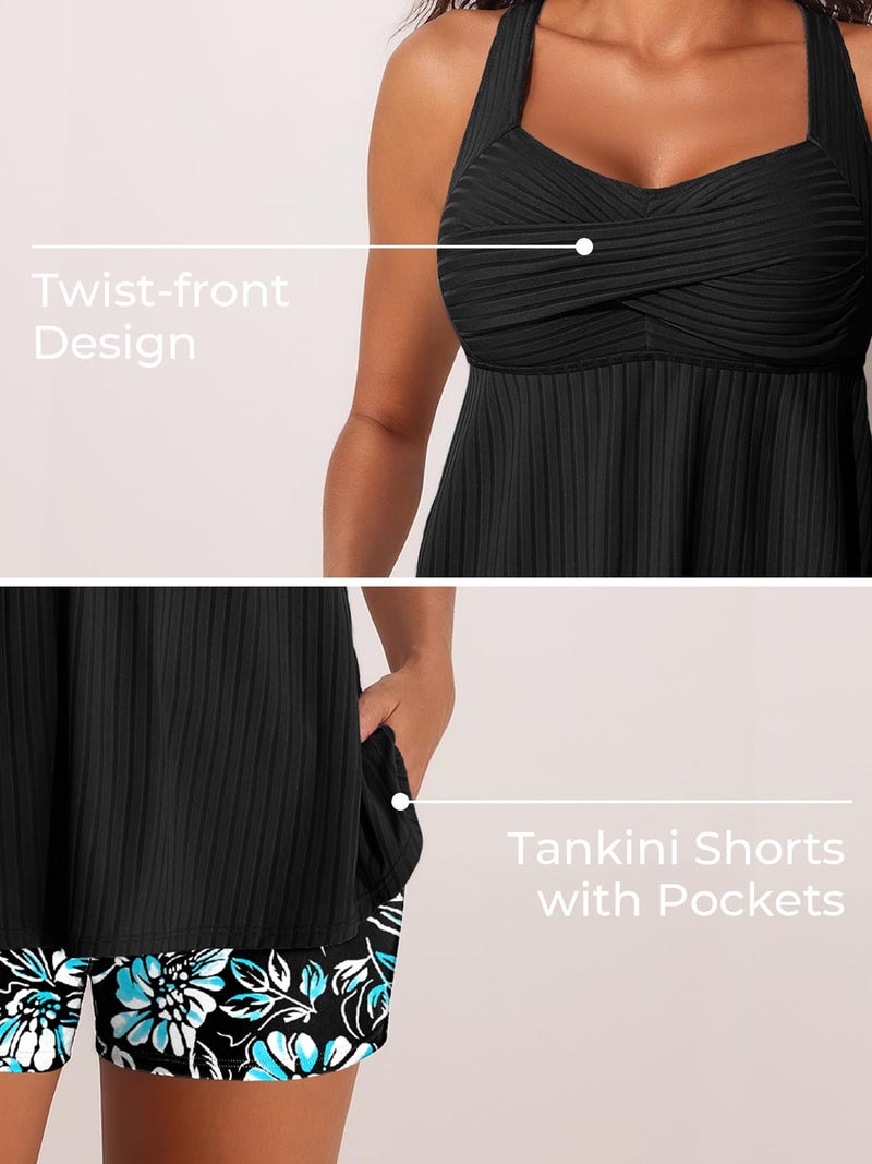 MiYang Tankini Swimsuits for Women 2026 Tummy Control Modest Flowy Two Piece Bathing Suits Top with Pockets Shorts Black Floral Sketch Size L - Image 4