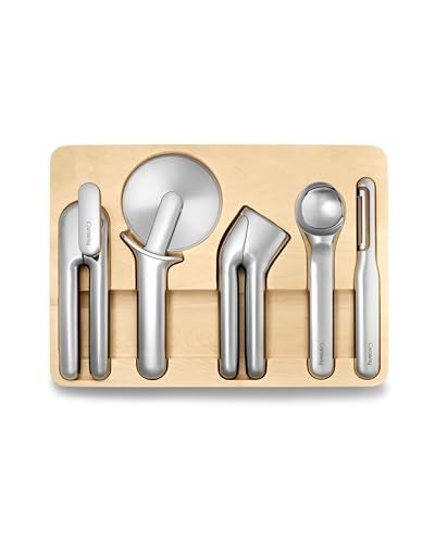 Caraway Kitchen Gadget Set 5 Piece Kitchen Essentials Stainless Steel Includes Can Opener Pizza Cutter Garlic Press Ice Cream Scoop Vegetable Peeler and Storage Organizer - Image 1