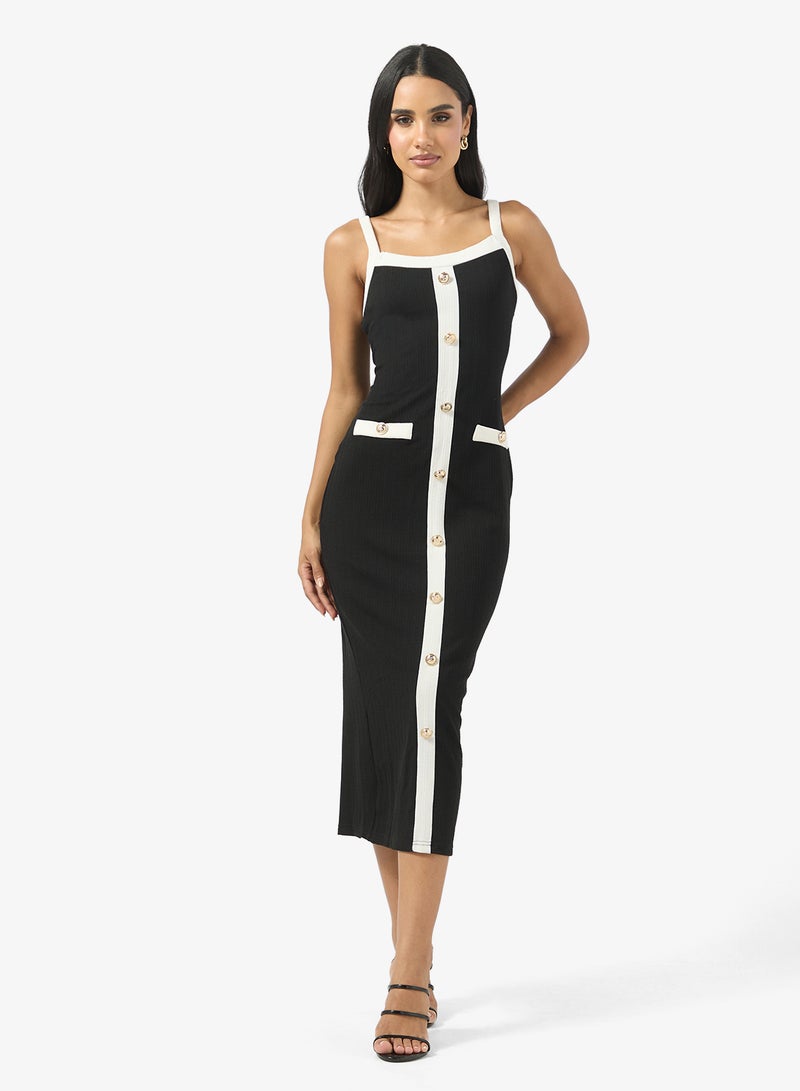 جينجر فستان كلاسيكي محبوك بأزرار أحادي اللون - Image 1