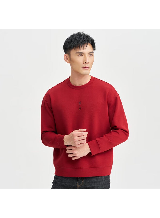 Tries Men's Autumn Winter 25 New Embroidered National Trend Multi-color Stretch Comfortable Crewneck Sweatshirt Base Layer Red For Chinese New Year