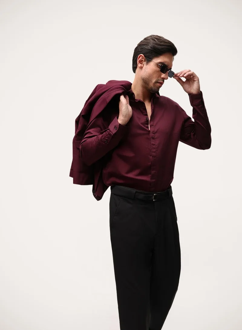 دينيس لينغو Coffee Satin Solid Print Button Down Slim Fit Shirt For Men