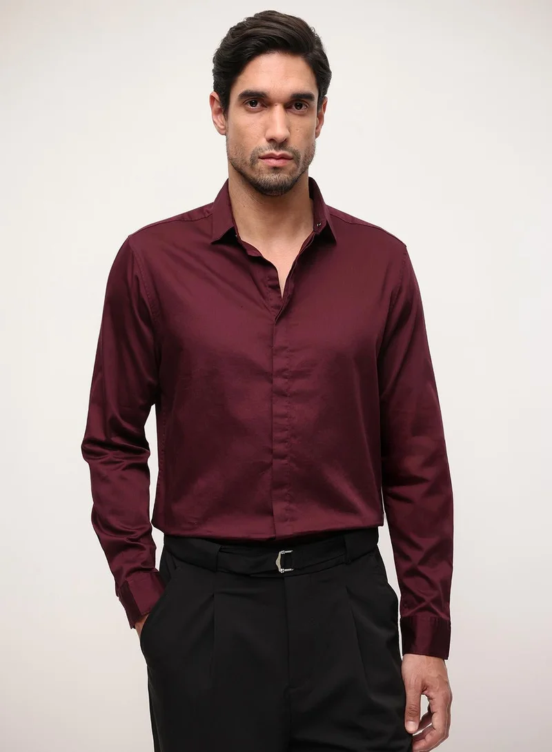 دينيس لينغو Coffee Satin Solid Print Button Down Slim Fit Shirt For Men