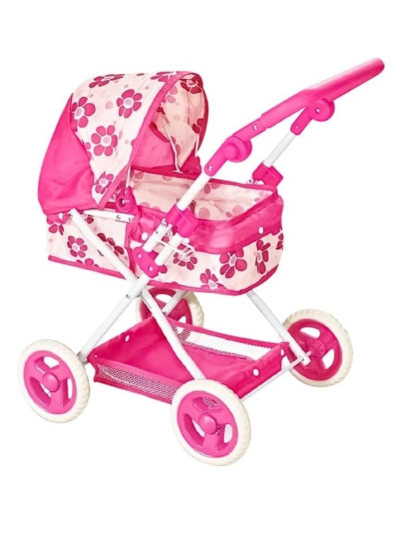 UKR Doll Stroller Canopy Pink for Girls Foldable Girl Pretend Play Toy Dolls Pram with Adjustable Handle Floral Canopy with Storage Basket. - Image 1
