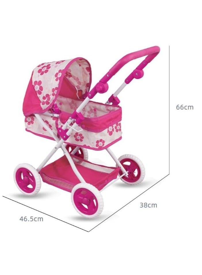 UKR Doll Stroller Canopy Pink for Girls Foldable Girl Pretend Play Toy Dolls Pram with Adjustable Handle Floral Canopy with Storage Basket. - Image 5