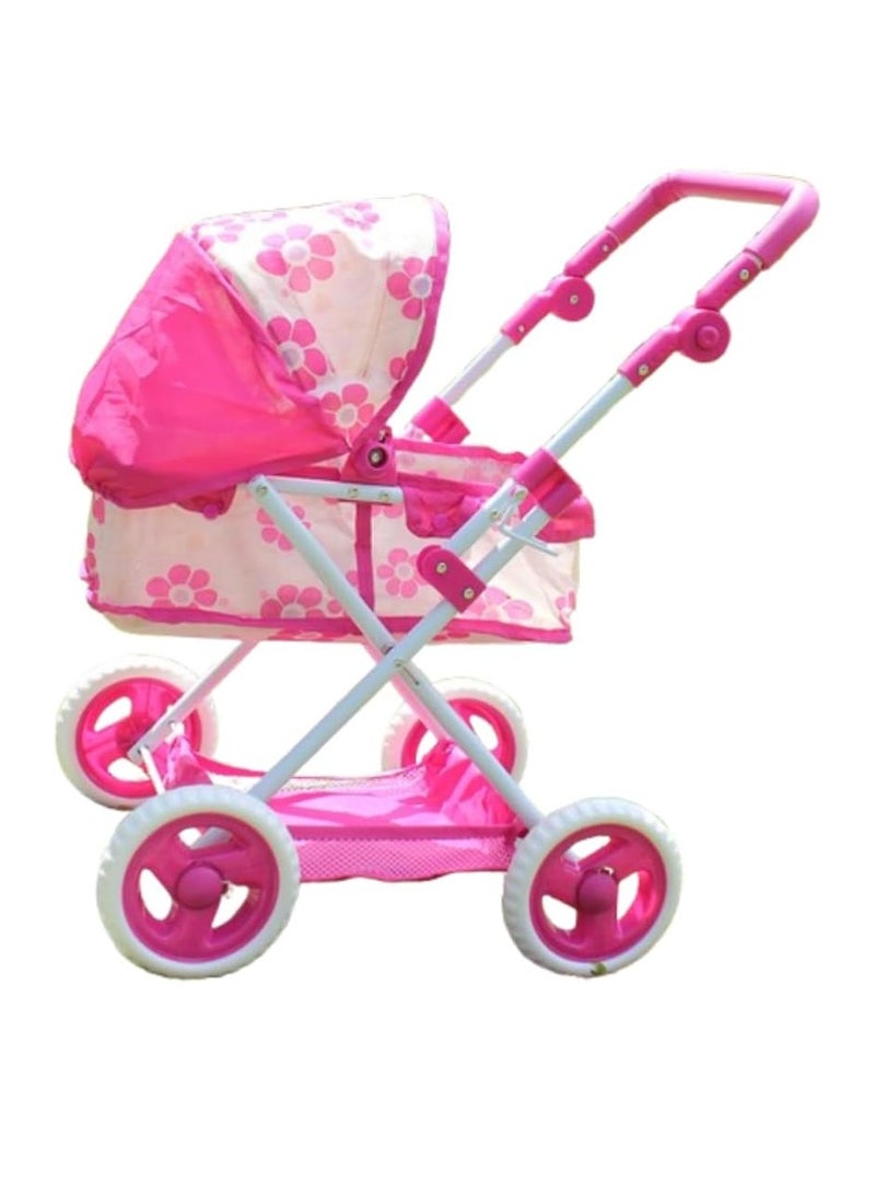 UKR Doll Stroller Canopy Pink for Girls Foldable Girl Pretend Play Toy Dolls Pram with Adjustable Handle Floral Canopy with Storage Basket. - Image 3
