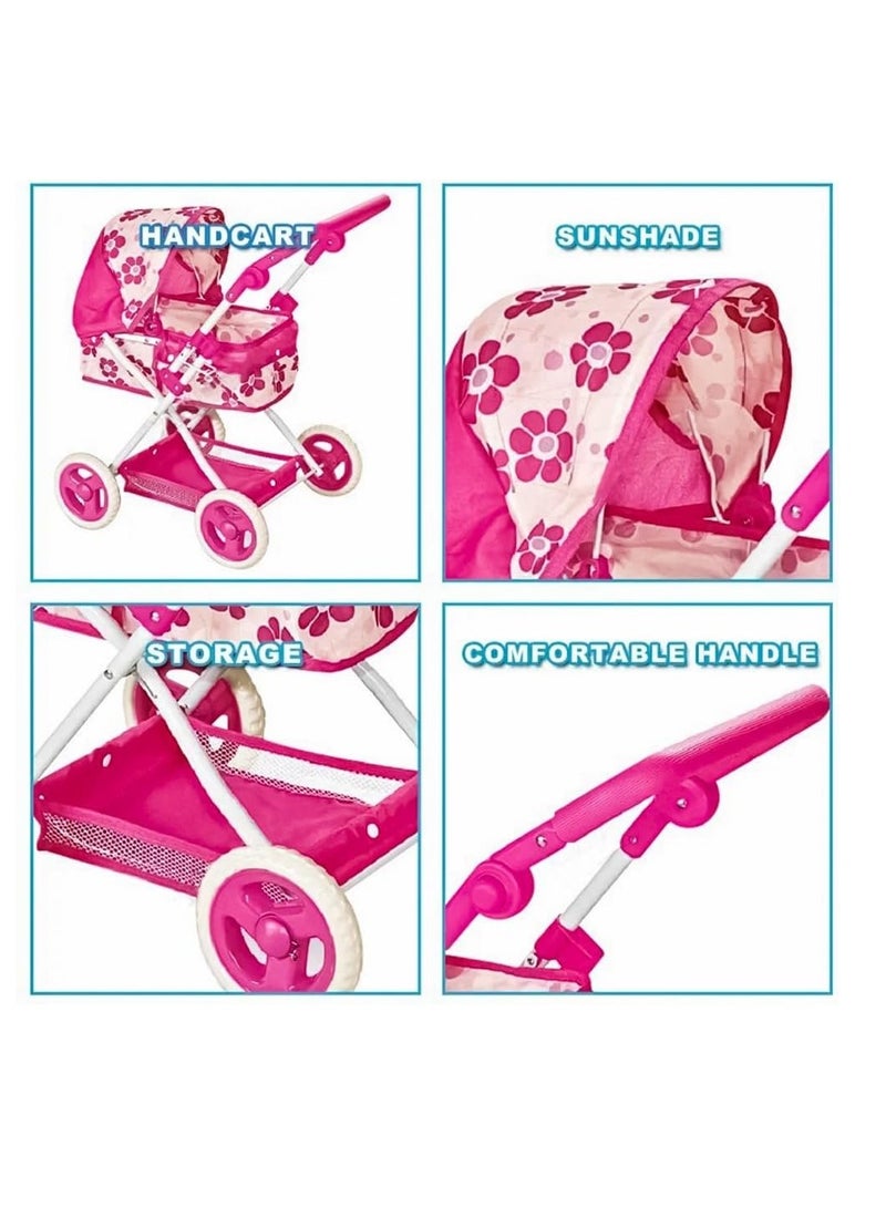UKR Doll Stroller Canopy Pink for Girls Foldable Girl Pretend Play Toy Dolls Pram with Adjustable Handle Floral Canopy with Storage Basket. - Image 2