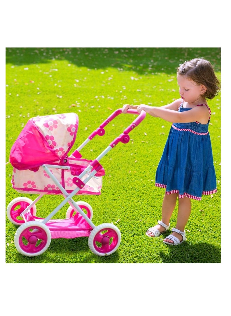 UKR Doll Stroller Canopy Pink for Girls Foldable Girl Pretend Play Toy Dolls Pram with Adjustable Handle Floral Canopy with Storage Basket. - Image 4