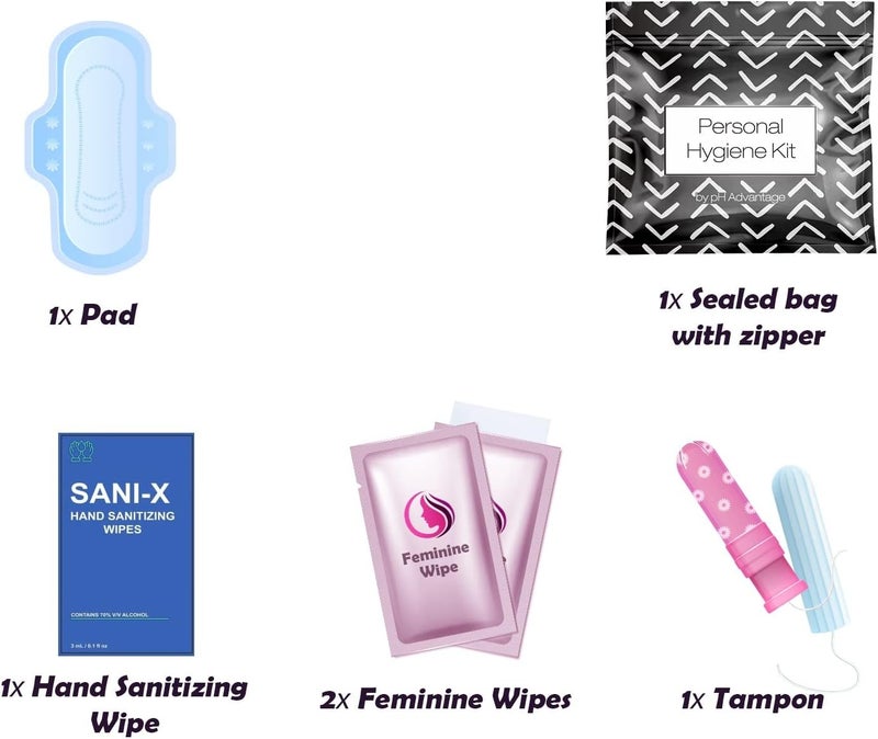 pH Advantage Menstrual Kit All-in-One 10 Pack | Convenience on The Go | Period Kit Pack for Travelling, Tweens & Teenager | Individually Wrapped Feminine Hygiene Product (Black Treads) - Image 2