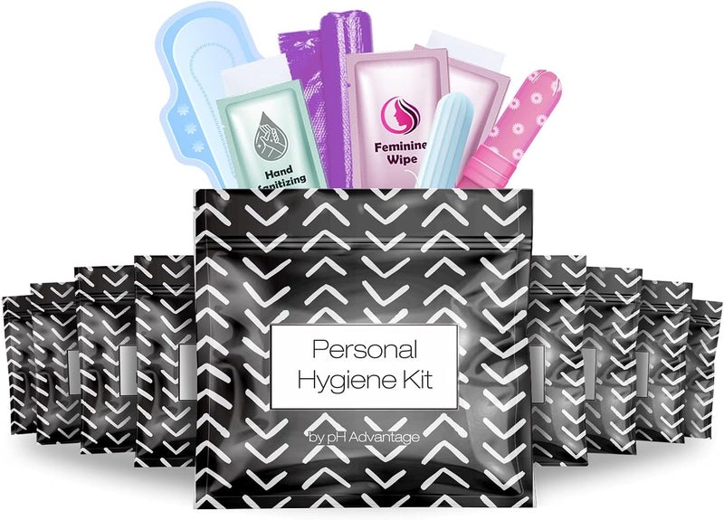 pH Advantage Menstrual Kit All-in-One 10 Pack | Convenience on The Go | Period Kit Pack for Travelling, Tweens & Teenager | Individually Wrapped Feminine Hygiene Product (Black Treads) - Image 1