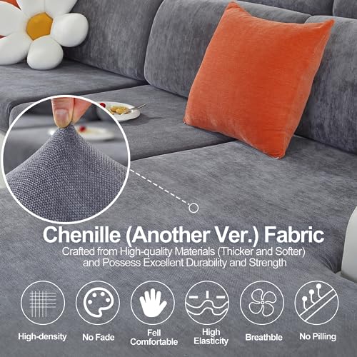 WEYOND Couch Cushion Covers for L Shaped Sectional Sofa – Softer Chenille Sofa Covers Washable, Non-Slip Stretch Couch Covers & Individual Seat Cushion Slipcovers (3 Piece, Dark Grey) - Image 3