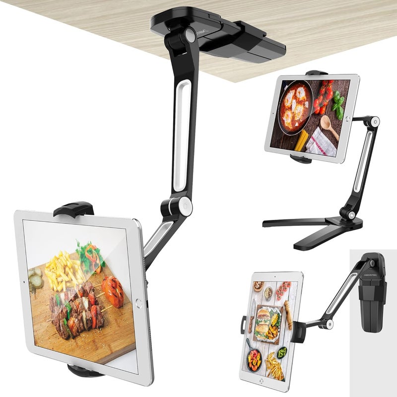 AboveTEK iPad Wall Mount, 3 in 1 Highflex 360° Under Cabinet iPad Mount for Kitchen, Tablet Celling Under Counter Holder, Kitchen iPad Stands Fits 4.7" to 13.5" iPad, Mini, Air, Surface Pro - Black - Image 1