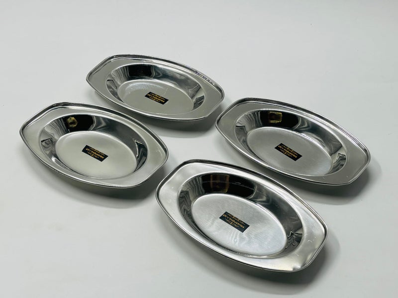 DEV INDUSTRIES Stainless Steel Serving Plate | Oval Plate | Subzi Plate | Rice Plate| Dahi Plate | Chat Plate (Size - 20cm * 13.5cm * 3cm, Pack of 4) - Image 1