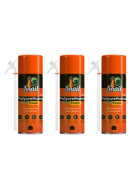 Snail Polyurethane Foam -3 Piece 300ml- High-Density Sealant Spray with Extended Reach Tip for Weatherproof Insulation Heat Preservation and Gap-Filling in Construction Home Repairs and DIY Projects